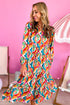 Multi-Color Abstract Geometric Print Long Sleeve High Waist Dress